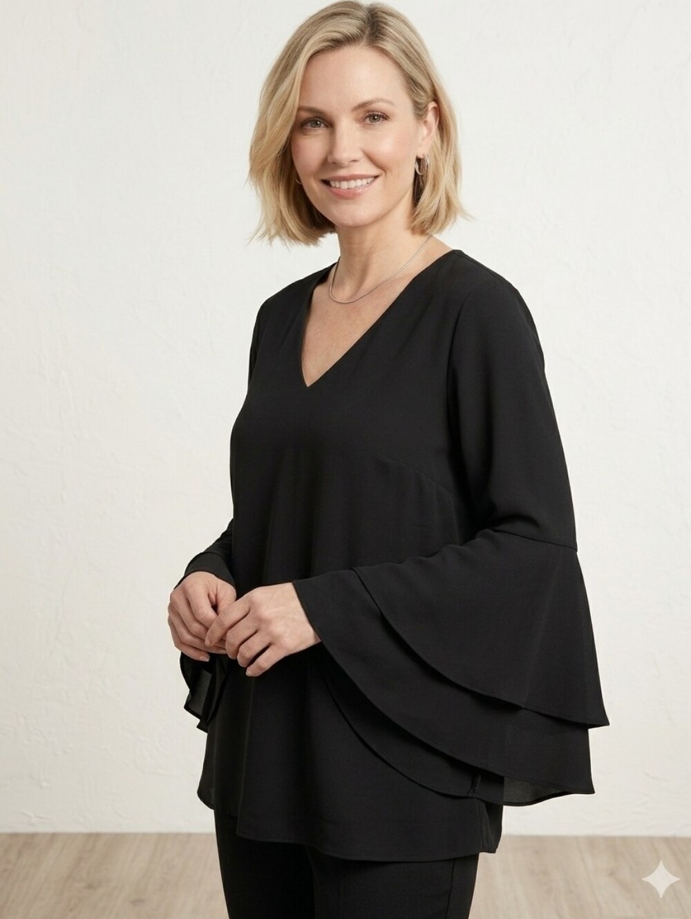 Alfani V-Neck Layered Bell-Sleeve Blouse Jet Black Women's Size 10